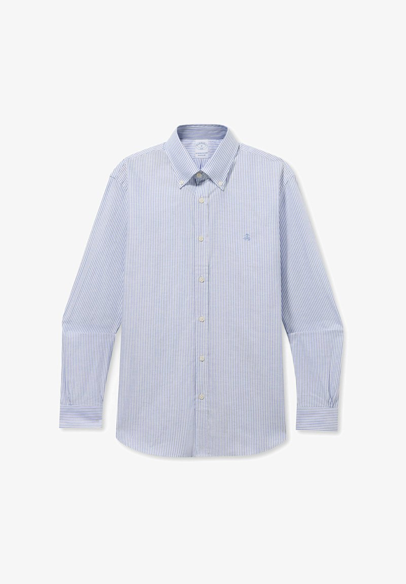 Herenoverhemd met lange mouwen en knopen, lichtblauwe en witte verticale strepen, knoopsluiting aan de kraag en een klein geborduurd logo op de borst.