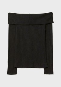 Černý top bez ramínek vyrobený z ribbovaného materiálu, který má dlouhé rukávy a přehnutý výstřih, s rovný lem.
