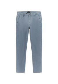 Pantaloni in denim azzurro chiaro con una vestibilità slim, dotati di chiusura con zip, due tasche frontali e dettagli di cucitura discreti per una finitura pulita.
