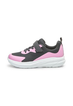 Sport shoes with a gray mesh upper and pink accents, featuring a velcro strap, white textured outsole, and a padded collar.