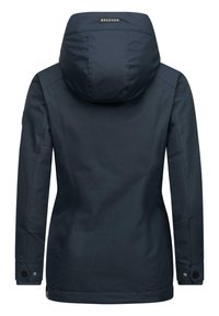 Navy blue waterproof jacket with a hood, fitted design, branded label on the back, and buttoned cuffs. Smooth texture and minimal detailing.