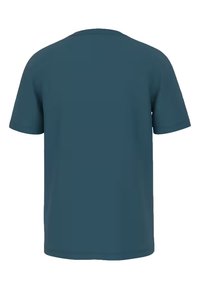 Teal t-shirt med korte ærmer, rund halsudskæring og en glat tekstur. Ingen synlige grafikker eller mønstre, visningen er fra ryggen.
