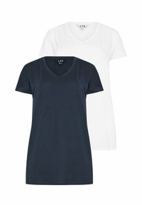 Puuvillane T-särk tumesinises ja valges. Omadused: V-kaelus, lühikesed varrukad ja mugav lõige. Sujuv tekstuur; minimaalne disain.