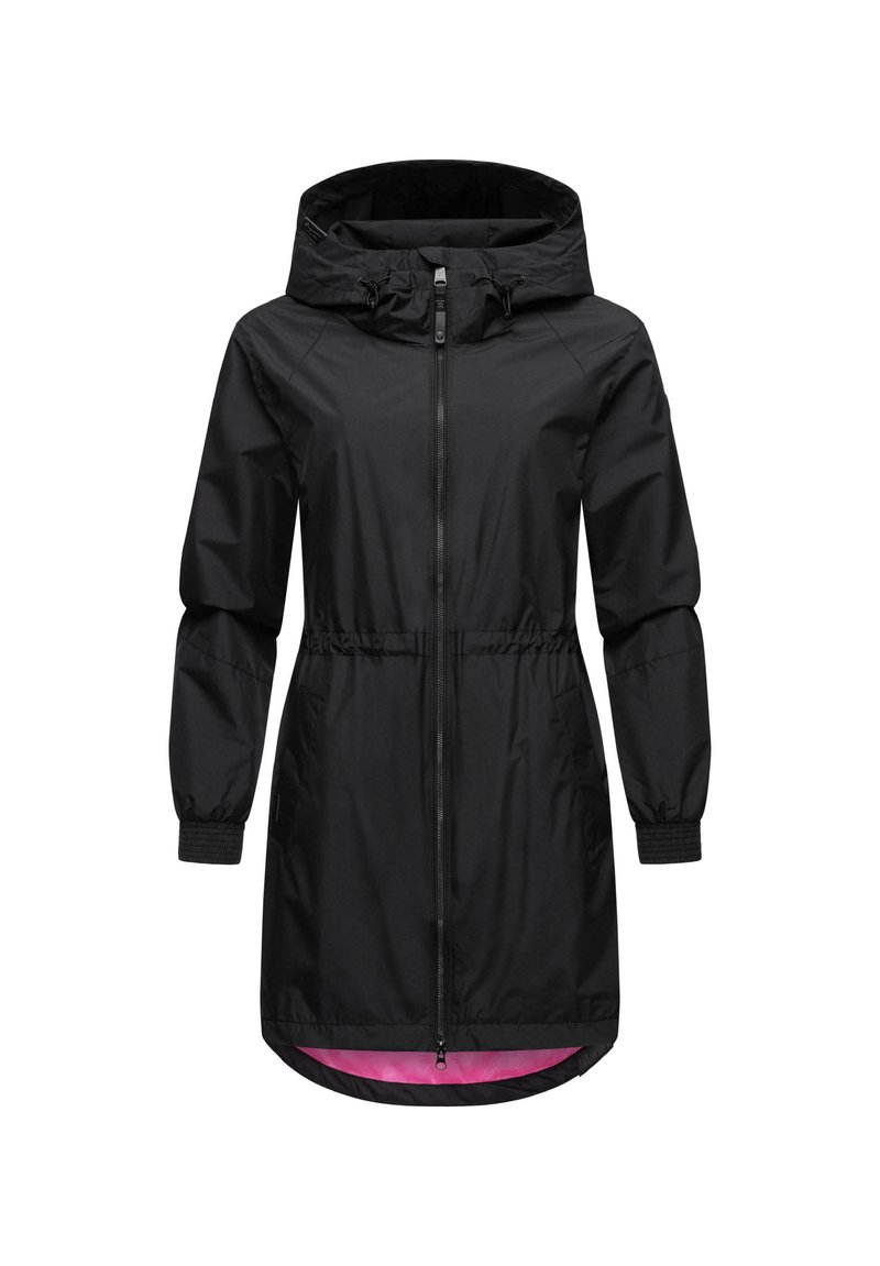 Giacca nera lunga impermeabile con cappuccio, vita elasticizzata, chiusura con zip e rivestimento interno rosa. Presenta polsini elasticizzati e orlo arrotondato.