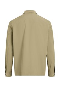 Beige Jacke mit langen Ärmeln, einem Kragen und geknöpften Manschetten. Glatter Stoff mit minimalistischen Design, ohne sichtbare Muster oder Logos.