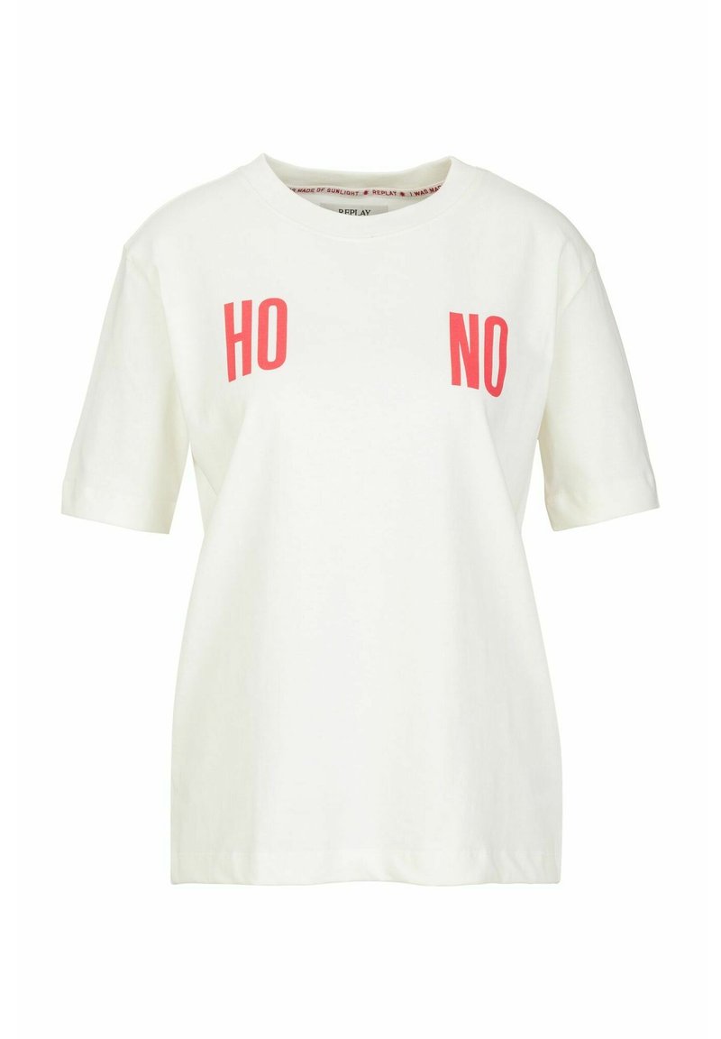 Weißes Baumwoll-T-Shirt mit auffälligem roten Text "HO" und "NO" auf der Vorderseite, mit lässiger Passform und kurzen Ärmeln.