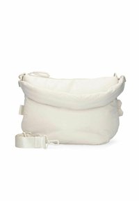 Sac messager blanc doux en matériau rembourré, doté d'une fermeture éclair et d'une bandoulière ajustable pour le transport. Texture lisse et design minimaliste.
