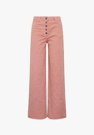 Korkeavyötäröiset, leveälahkeiset vaaleanpunaiset housut, joissa viisi näkyvää tummaa nappia edessä ja etutaskut molemmilla puolilla.