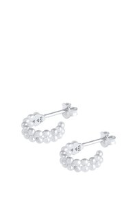 Sølvøreringe med en perledesign, der har et poleret 925-stempel. Rund form, glat tekstur og standard studlukning.