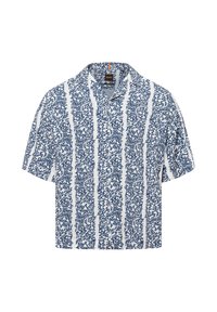 Korte mouwen shirt in wit met een blauw koraalpatroon, voorzien van een gespreid kraag en knoopsluiting. Textuurstof met een ontspannen pasvorm.