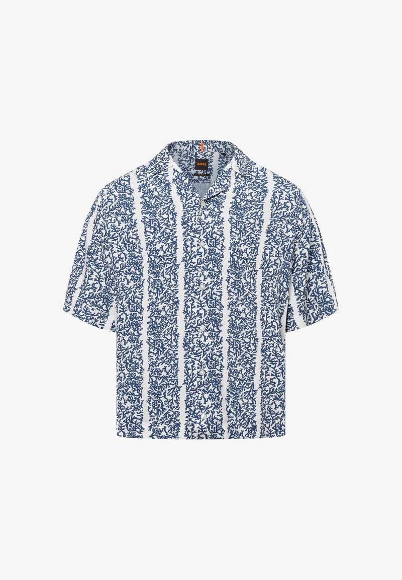 Korte mouwen shirt in wit met een blauw koraalpatroon, voorzien van een gespreid kraag en knoopsluiting. Textuurstof met een ontspannen pasvorm.