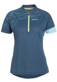 Tmavě modré sportovní tričko s krátkým rukávem, zdobené geometrickým vzorem ve světlé modré a polozipem s neony žlutým zipem.