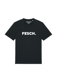 Zwarte katoenen t-shirt met een ronde hals en korte mouwen. Tekst "FESCH." in vetgedrukte witte letters prominent op de voorkant weergegeven.