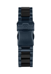 Blå metal armbåndsur med et sort keramisk led design, der har en børstet overflade og et spænde, der er graveret med "Jacques Lemans."