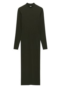 Robe en maille vert foncé à manches longues, col montant et silhouette ajustée, s'étendant jusqu'aux chevilles.