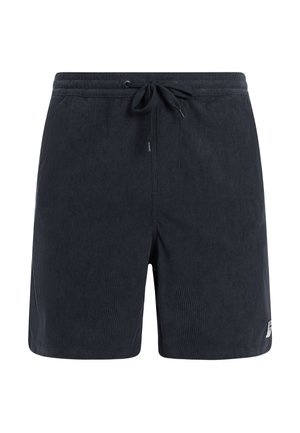 Zwarte geribbelde stoffen korte broek met elastische tailleband en vastgeknoopt trekkoord, met een klein wit patchlogo op het onderste linkerpijpje.