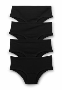 Set van zwarte katoenen hipsterondergoed, vier stukken. Elastische tailleband, gladde textuur, subtiele stiksels en geen zichtbare patronen of hardware.