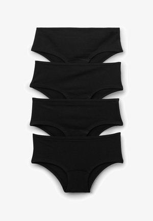 Set van zwarte katoenen hipsterondergoed, vier stukken. Elastische tailleband, gladde textuur, subtiele stiksels en geen zichtbare patronen of hardware.