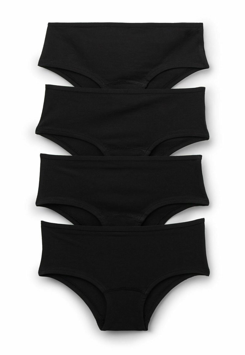 Set van zwarte katoenen hipsterondergoed, vier stukken. Elastische tailleband, gladde textuur, subtiele stiksels en geen zichtbare patronen of hardware.