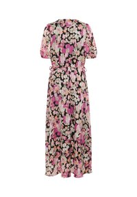 Robe midi fleurie avec des fleurs roses, blanches et orange sur fond noir, featuring des manches bouffantes et une taille cintrée avec des liens latéraux.