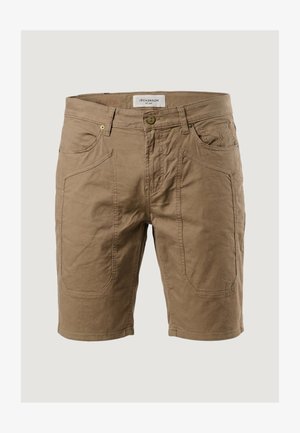 Brune afslappede shorts med frontlommer med lap, bæltestropper, knaplukning og synligt mærke inde i linningen.