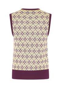 Top senza maniche lavorato a maglia con un motivo in giallo chiaro e viola scuro, con orlo e colletto a coste viola uniforme.