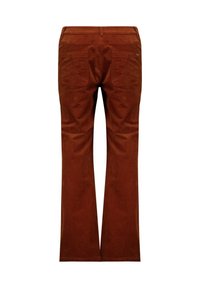 Pantalons en velours côtelé marron évasés avec quatre poches, tissu texturé et couture visible le long de la taille et des coutures des jambes.