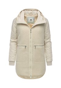 Krämfärgad jacka med fleece frampanel, dragkedja, två framfickor och en huva. Har ribbade ärmslut och en strukturerad tyg.