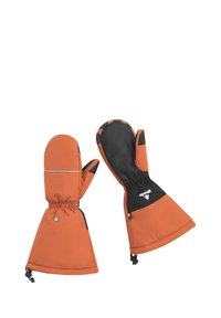 Orangevantar med svarta accenter, med en texturerad greppyta och åtstramade handleder. Tillverkade av väderbeständigt tyg för värme och skydd.