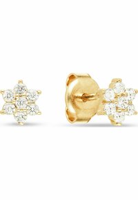 Gold-tone stud earrings with five circular clear gemstones arranged in a floral pattern, featuring a secure post-back closure.