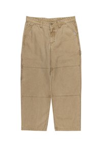 Beige cargo bukser med en afslappet pasform, lavet af bomuld, med patchlommer, bæltesløjfer og kontrastsyning. Glat tekstur, afslappet design.