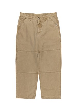 Pantalones cargo beige con un corte relajado, hechos de algodón, que cuentan con bolsillos de parche, trabillas para cinturón y costuras en contraste. Textura suave, diseño casual.
