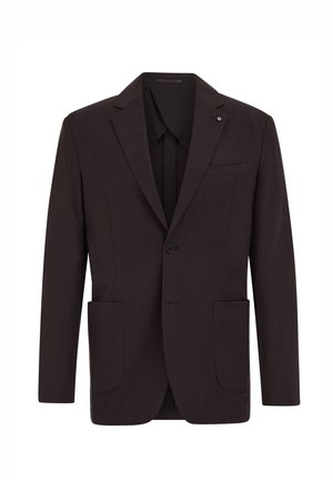 Fekete, egysoros férfi zakó ívelt hajtókával, mellzsebbel és két nagy elülső foltzsebbel, fehér háttéren bemutatva.