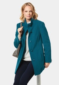 Türkisfarbener Wollmantel mit hohem Kragen, fünf Knöpfen und seitlichen Taschen, getragen über einem weißen Strickpullover. Graue Tasche an der Schulter.