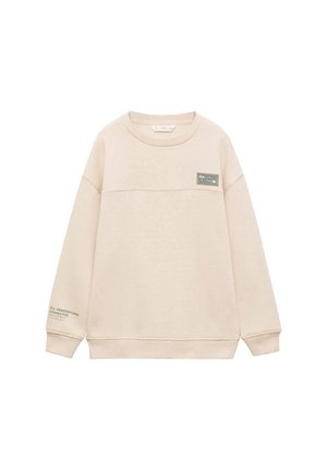 Hellbeiges Sweatshirt mit rundem Halsausschnitt, gerippten Bündchen und Saum. Verfügt über ein grünes Etikett auf der Brust und einen Textdetail am Ärmel.