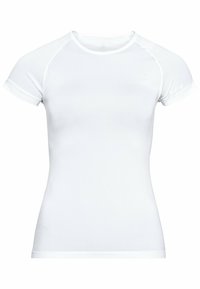 White athletic shirt with short sleeves, round neckline, and a fitted shape. Material appears smooth with breathable side panels.