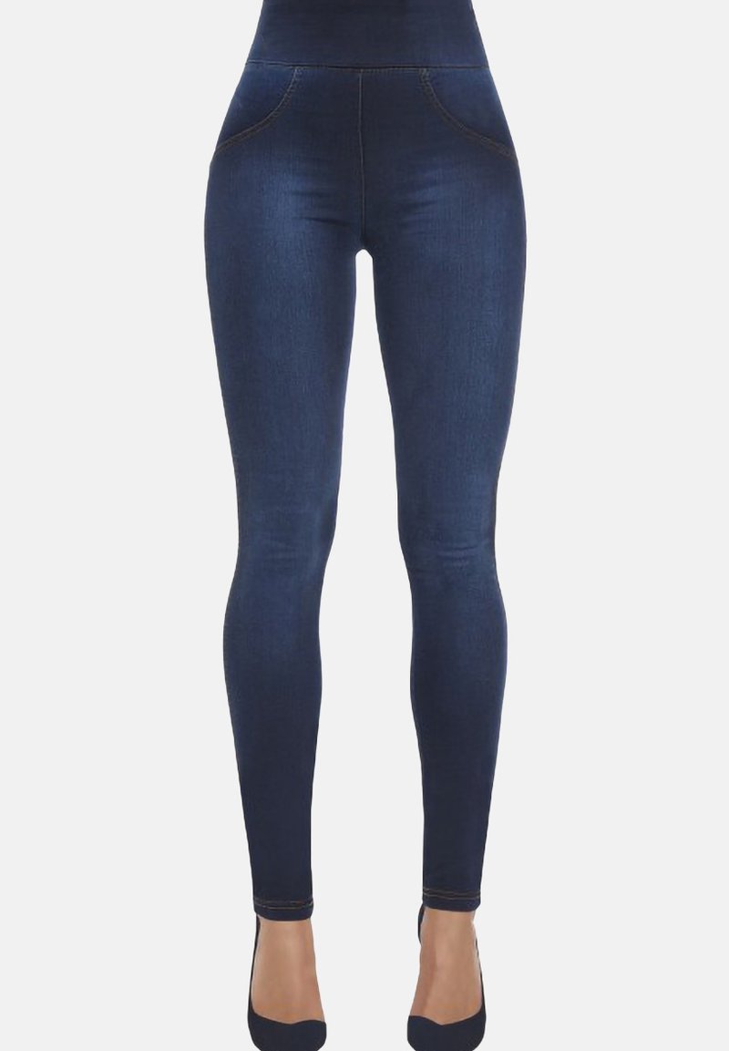 Dżinsowe leginsy w ciemnoniebieskim kolorze z wysokim stanem, o gładkiej fakturze, z dwiema przednimi kieszeniami i kontrastowym szwem wzdłuż szwów.