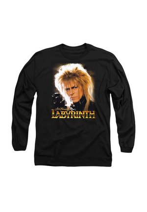Schwarzes Langarm-T-Shirt mit einem Grafikdesign eines Charakters mit stacheligem blonden Haar, intensiven Ausdruck und dem Text "Jim Henson's LABYRINTH."