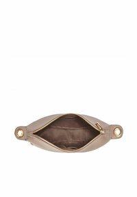 Beżowa skórzana sakiewka o fakturowanym wykończeniu, złoty zamek błyskawiczny oraz okrągłe elementy metalowe po obu stronach. Otwarte wnętrze odsłania gładkie podszycie.