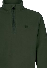 Fleece pulover v tmavozelene farbe s vysokým golierom, polovičným zipsom a decentným brandingom na krku. Mäkká textúra s minimálnym dizajnom.