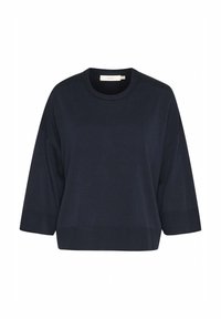 Dunkelblauer Pullover mit rundem Halsausschnitt, kürzerem, weiterem Schnitt, Dreiviertelärmeln sowie geripptem Saum und Bündchen. Weiche Stricktextur.