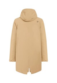 Beige huva parkasjacka med rak skärning, med en delad rygg och knapprar vid ärmsluten. Slät, strukturerad tyg.