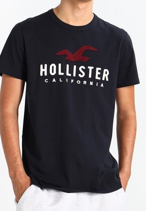 Person iført en sort T-shirt med en rød mågelogo og hvid "Hollister California"-tekst, hænderne i lommerne, foran en hvid baggrund.
