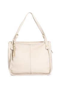 Borsa a mano in pelle crema con due manici testurizzati, cuciture decorative e un portachiavi come accent. Presenta una chiusura zip e una forma rettangolare strutturata.