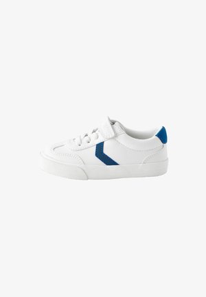White sneaker with blue accents, featuring a textured rubber sole, lace-up design, and a hook-and-loop strap for secure fit.