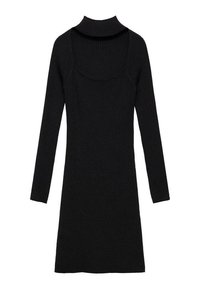 Crna rebrasta haljina s lažnim turtleneck-om, dugim rukavima i uskim siluetom, izrađena od meke, teksturirane tkanine.