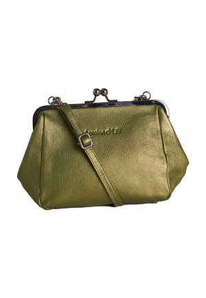 Small green leather handbag with silver clasp closure and adjustable strap, textured surface, embossed brand name on front.