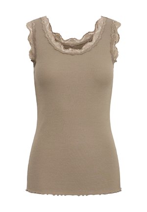 Ärmelloses, beiges, geripptes Tanktop mit Spitzenbesatz entlang des Rundhalsausschnitts und der Armlöcher, mit einem leicht welligen Saum.