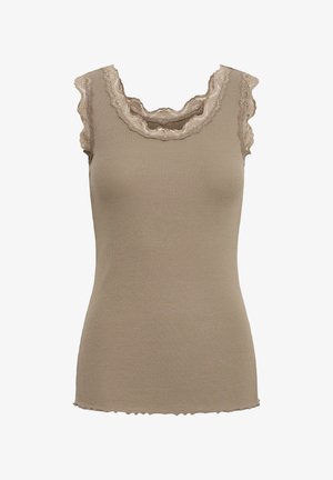 Ärmelloses, beiges, geripptes Tanktop mit Spitzenbesatz entlang des Rundhalsausschnitts und der Armlöcher, mit einem leicht welligen Saum.