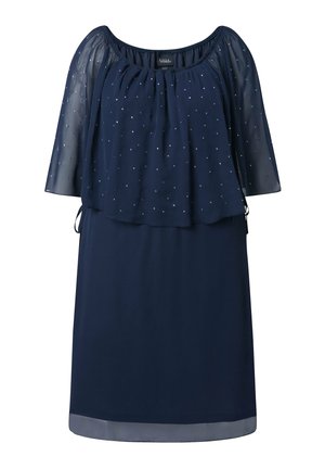 Navy blue knee-length dress with sheer polka-dot overlay and three-quarter sleeves, featuring a gathered neckline and loose fit.